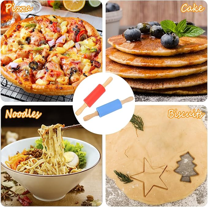 Mini Silicone Rolling Pin for Kids, Non-stick Surface Wood Handle, 9 Inch 2 Pack