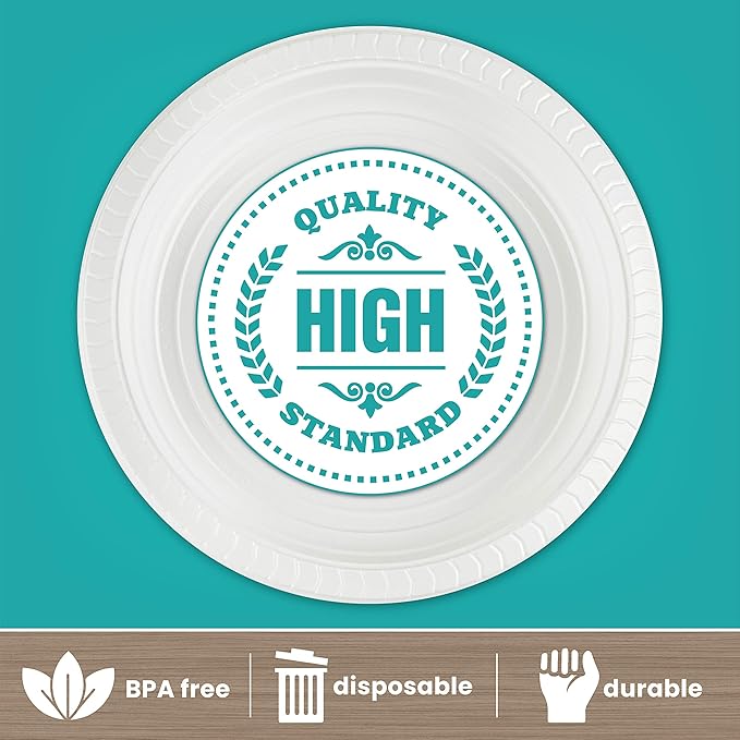 PLASTICPRO 7 inch Round Plastic Plates Microwaveable, Disposable, White, Dinnerware 100 Count