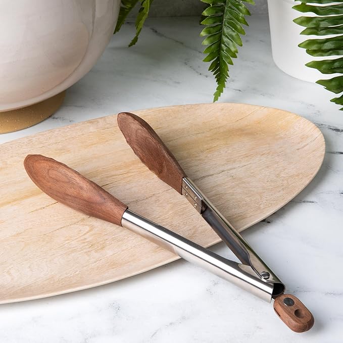 Salt & York Wooden Tongs Kitchen Long handle with non-Slip Grip for Cooking, Salad, Serving Food, Grilling - 11 Inch - Set of 1 (Walnut)