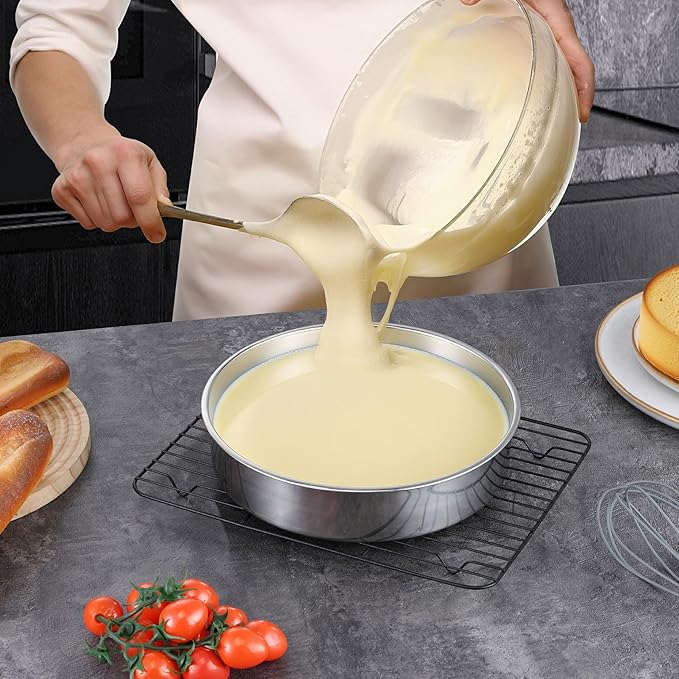 LIANYU 9 Inch Round Cake Pan Set of 2, Stainless Steel Wedding Oven Cake Pan Set for Baking, Metal Round Baking Tin Pan Mold, Deep Bakeware for Layer Birthday Cake, Mirror Polished, Dishwasher Safe