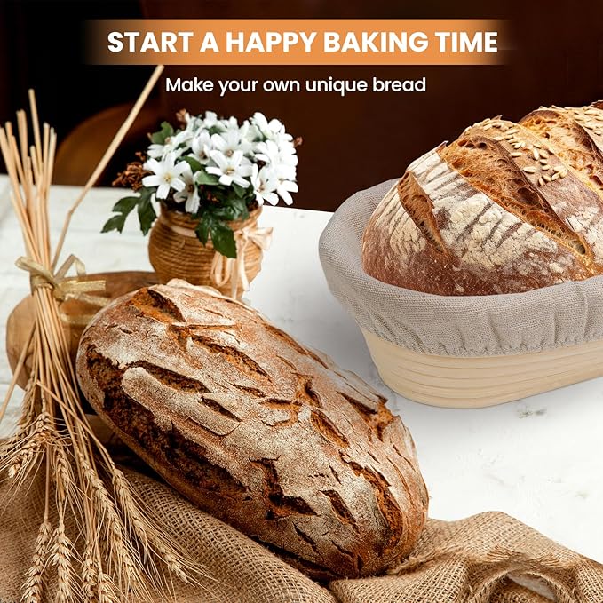 KIKCOIN Banneton Bread Proofing Basket, 10 Inch Oval Sourdough Bread Baking Supplies, Sourdough Proofing Basket Set of 2, Sourdough Starter Kit with Bread Lame, Linen Liner, Metal Scraper, Dough Whisk