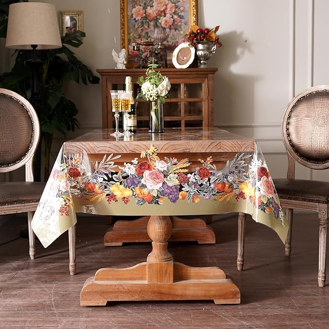 Clear Table Cover Protector Vinyl PVC Rectangle Table Cloth Oil Spill Proof Plastic Tablecloths for Dining Tables Parties Holidays (Floral Fruit, 60 x 104 Inches)