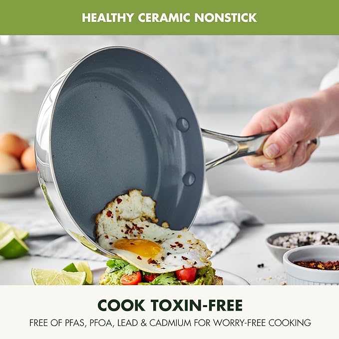 GreenPan Valencia Pro Stainless Steel 10 Piece Cookware Pots and Pans Set, Induction Suitable Mirrored Tri-Ply, Ceramic Nonstick PFAS-Free Coating, Multi Clad, Dishwasher Oven & Broiler Safe
