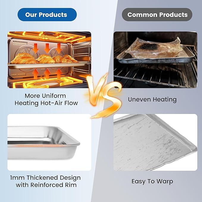 6 Pack Stainless Steel Baking Sheet Pans, 16" L × 12" W × 1" H Cookie Sheets for Toaster Oven, Rust-Resistant, Dishwasher Safe