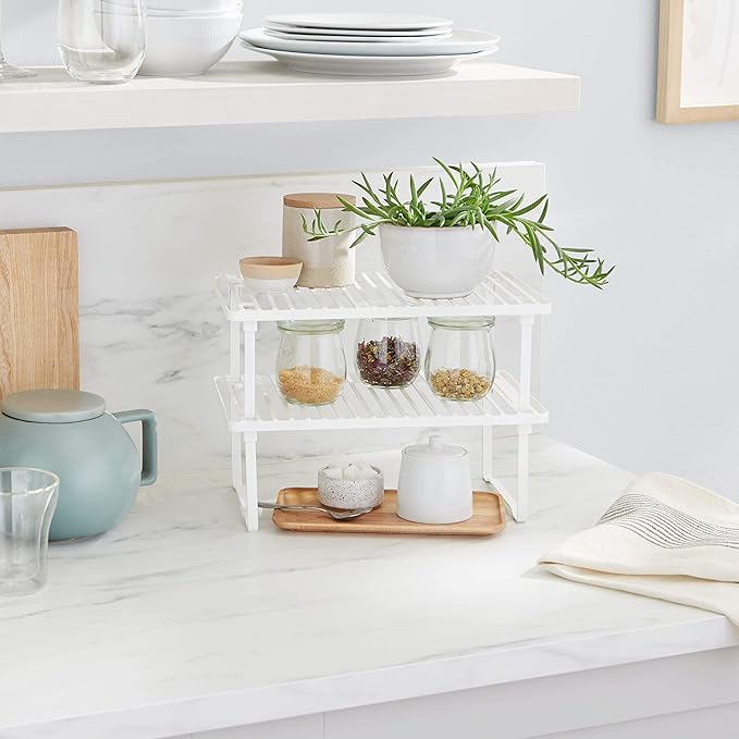 Amazon Basics Stackable Metal Kitchen Storage Shelves for Dishes, 12.5" L x 8" D x 4.5" H, Set of 2, White