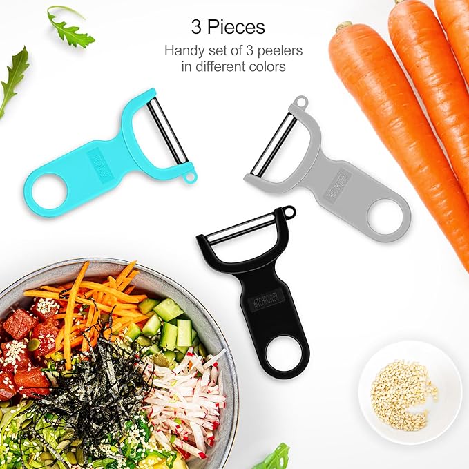 Original Vegetable Peeler, Potato Peelers for kitchen Carbon Steel Blade 3-Pack Grey/Blue/Black