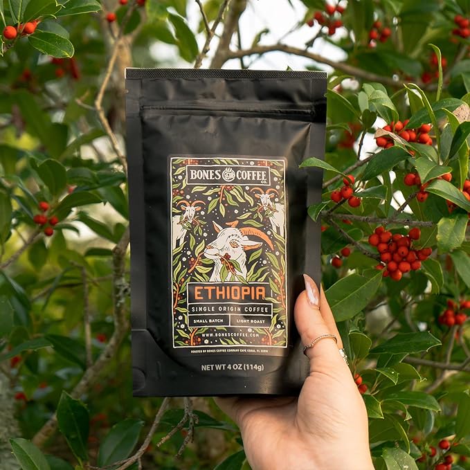 Bones Coffee Company NEW World Tour Sample Pack, Single-Origin Flavored Coffee Low Acid Medium Roast Arabica Beans Specialty Coffee Gifts Compatible Auto Drip and French Press, 4 oz Pack of 5 Ground