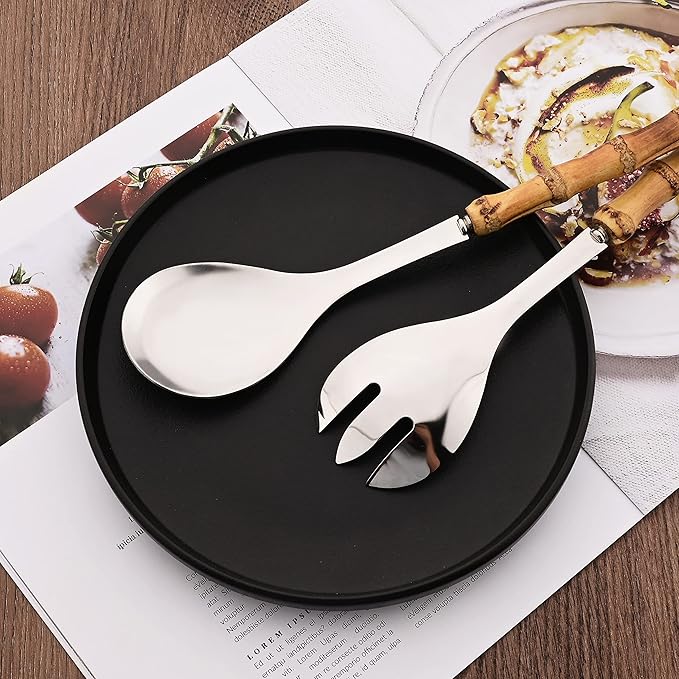 Serving Spoon and Fork Set, 304 Stainless Steel Serving Utensils with Natural Bamboo Handle, 10" Long Handle Serving Set for Kitchen Party Buffet, 4 Pieces / 2 of Each
