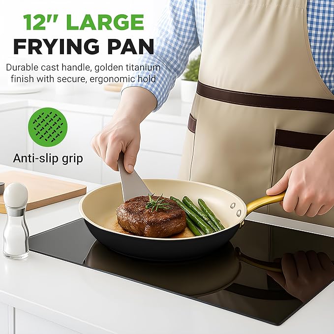 NutriChef 12" Large Ceramic Fry Pan - Non-Stick Ceramic Coated Skillet with Stylish Titanium Handle, Durable, Easy to Clean, Professional Cookware