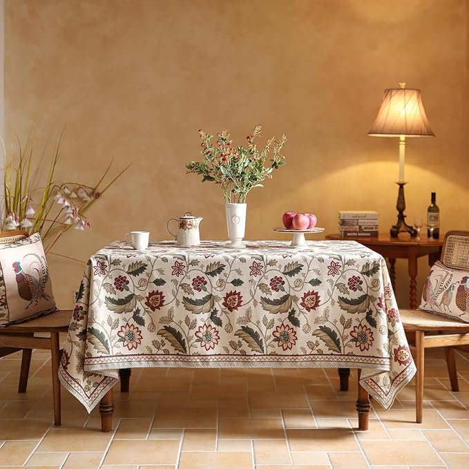 ISAENNE Designer Provence Floral Extra Long Tablecloth Rectangle,Linen Colorful Washable Indoor Table Cloth,Durable Decor Tablecloths for Dining Thanksgiving Kitchen Christmas,63"*110"-Ratina