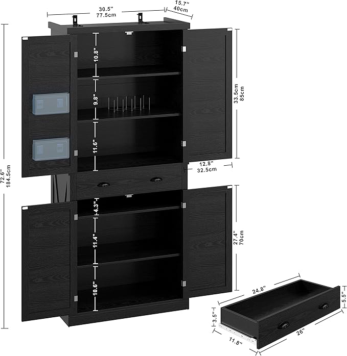 IRONCK Kitchen Pantry Storage Cabinet 72.6" H, with Barn Doors, Drawer, 4 Adjustable Shelves, Freestanding Cupboard for Dining Room Living Room, Laundry, Black