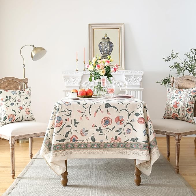 ISAENNE Designer Chinoiserie Linen Floral Small Square Tablecloth,White Wrinkle Resistant Table Cloth,Elegant Decor Tablecloths for Dining Thanksgiving Kitchen Party Christmas,55"*55"-Daffy