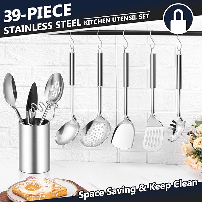 E-far Stainless Steel Kitchen Utensils Set, 39-Piece Cooking Utensils Set with Holder, Non-toxic Metal Heat Resistant Kitchen Gadgets Cookware Tool Spatula Set for Cooking, Dishwasher Safe