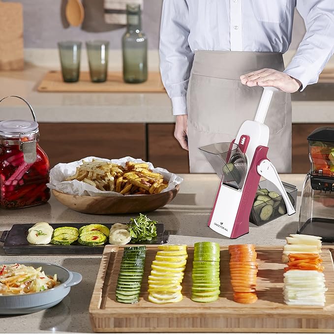 ONCE FOR ALL Safe Mandoline Slicer 5 in 1 Vegetable Cutter, Strips Julienne Dicer Adjustable Thickness 0.1-8 mm for Kitench Fast Meal Prep (Red)