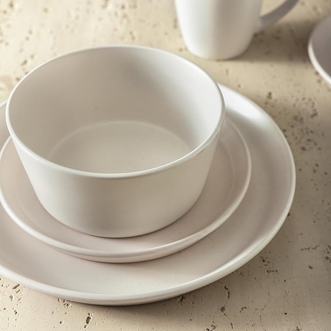 Stone Lain Albie Stoneware 16 Piece Dinnerware Set, Plates and Bowls Sets, Dish Set for 4, White Speckled, Microwave & Dishwasher Safe
