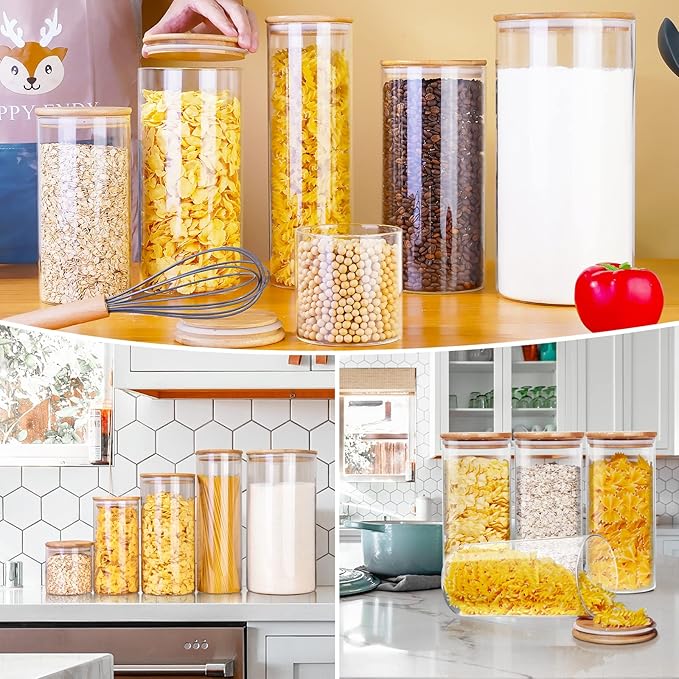 Glass Jars with Bamboo Lids 28 floz [Set of 8], Glass Canisters with Airtight Lids, Glass Food Storage Containers for Pasta, Oats, Coffee, Flour, Sugar, Rice, Best for Kitchen & Pantry