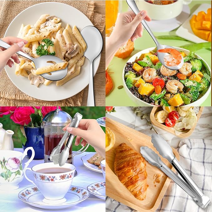12PCS Stainless Steel Serving Utensils Sets - Large Serving Spoons,Slotted Spoons,Serving Tongs,Appetizer Tongs,Utensills Sets for Buffet Catering Banquet Party (Silver)