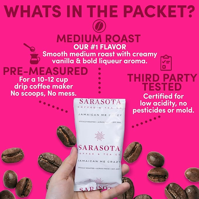 Sarasota Coffee Ground Packets | Gourmet Flavored Medium Roast Bulk Coffee Packs | Jamaican Me Crazy | Low Acid Mold Free Singles Individual Pouches for 12 Cups Maker | 2 Ounce Bags, 36 Count