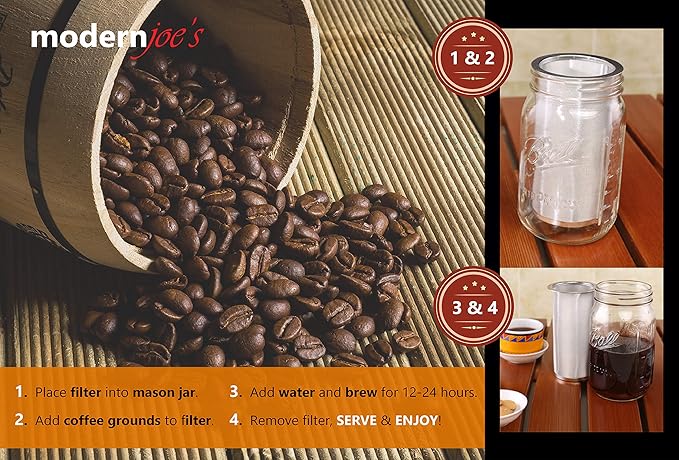 MODERNJOE'S Premium Infuser Cold Brew Coffee Maker for 2 Quart Wide Mouth Mason Jars. Cold Brew Coffee Filter. Iced Coffee and Tea. Heavy Duty Gauge 100 Micron Mesh 304 Stainless Steel