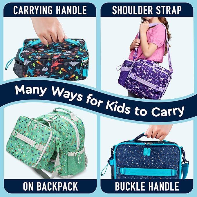 Bentgo Kids Lunch Bag - Double-Insulated, Reusable Lunch Bag for Kids 3+ with Adjustable Strap; Holds Lunch Box/Water Bottle/Snacks; Easy-Clean, Water-Resistant & Pockets (Confetti - Abyss Blue)