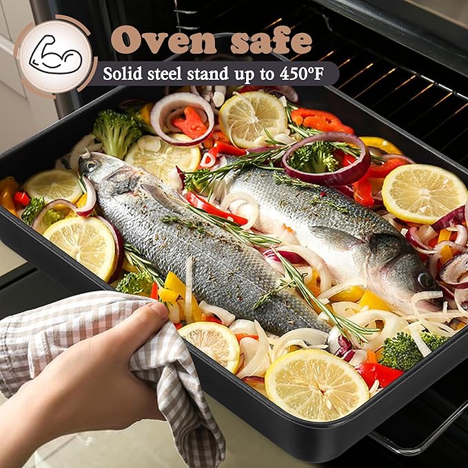 E-far 12.5 x 9.7 Inch Baking Pan, Nonstick Stainless Steel Rectangle Cake Pan for Baking Brownies Casseroles Lasagna, Stainless Steel Core & Nonstick Coating, Non-toxic & Oven Safe