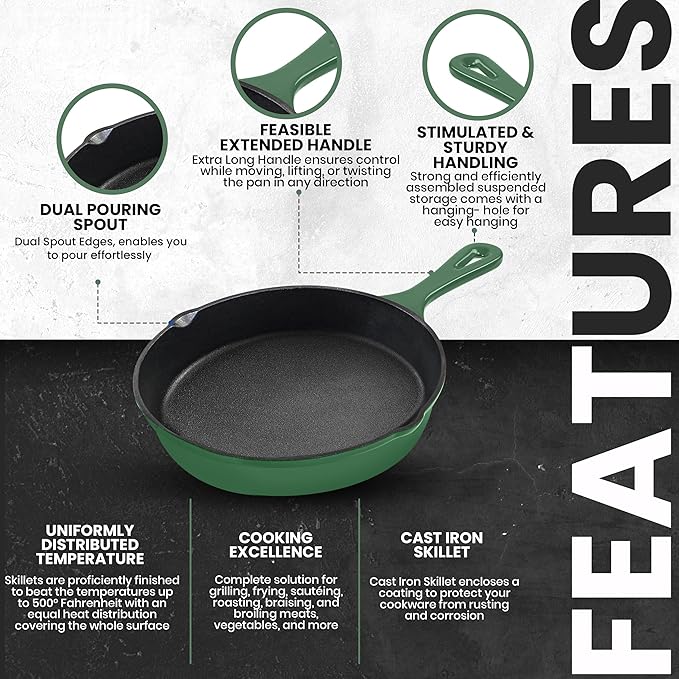 Utopia Kitchen Cast Iron Frying Pan 6.5 Inch, Cast Iron Chefs Pan, Pre Seasoned Skillet, Safe Grill Cookware for Indoor & Outdoor Use, Green