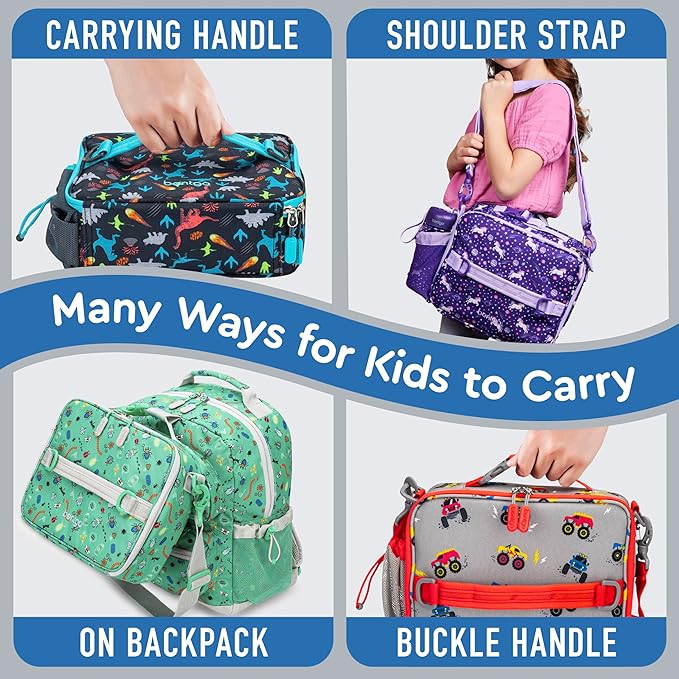 Bentgo Kids Lunch Bag - Double-Insulated, Reusable Lunch Bag for Kids 3+ with Adjustable Strap; Holds Lunch Box/Water Bottle/Snacks; Easy-Clean, Water-Resistant & Pockets (Trucks)