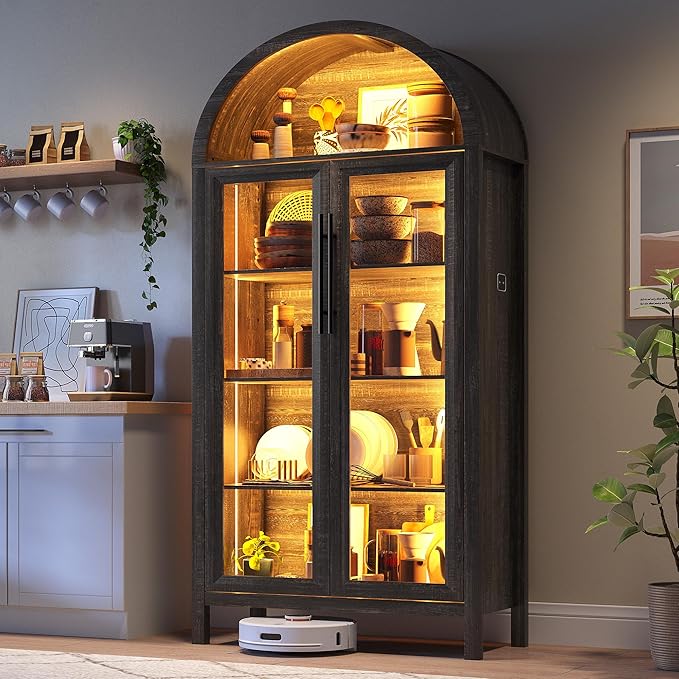 Arched Kitchen Pantry Cabinet with Glass Doors, Display Curio Case with 3 Color LED Lights for Collectibles, Modern 5-Tier Storage Hutch Cabinet Brown