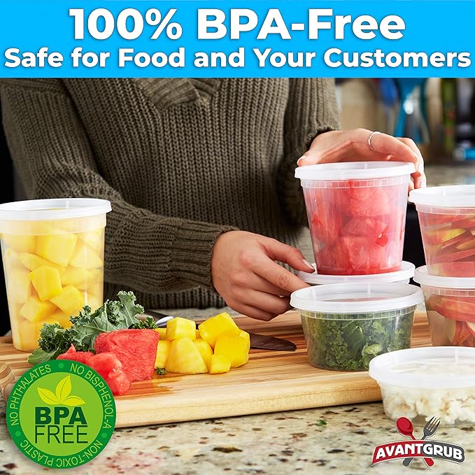Deli-Grade BPA-Free 12oz Plastic Containers with Lids 48ct. Leakproof Microwavable Portion Container for To-Go Orders, Food Prep and Storage. Reusable Takeout Cups for Restaurant, Cafe and Catering.