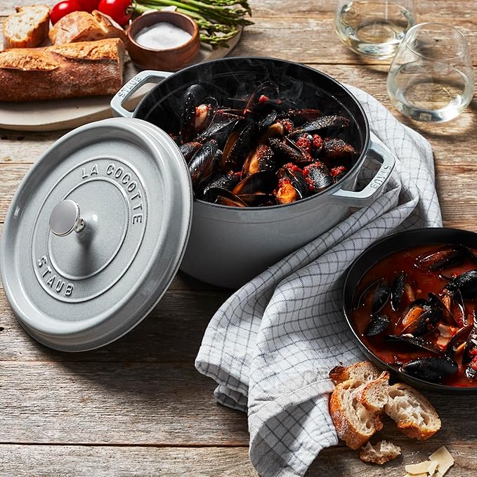 Staub Cast Iron 7-qt Round Cocotte - White Truffle, Made in France