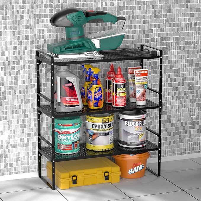 iPEGTOP 2 Pack Large Expandable Cabinet Storage Shelf, Heavy Duty Stackable Steel Metal Spice Rack Adjustable Height Home Office Pantry Garage Shelves for Counter Kitchen Organization, Black
