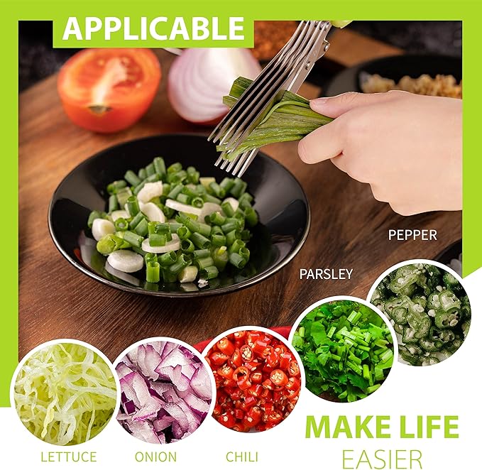 Herb Scissors with 5 Blades & Cleaning Kit, Stainless Steel Kitchen Shears for Herbs, Lettuce, Cilantro, Dishwasher Safe, Soft-Grip Handle