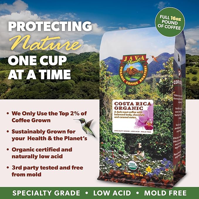 Low Acid Organic Coffee – Whole Bean, Mold-Free & Stomach Friendly by Java Planet, Costa Rican Single Origin Coffee, Dark Roast, Smooth Full Flavored, 1LB Bag