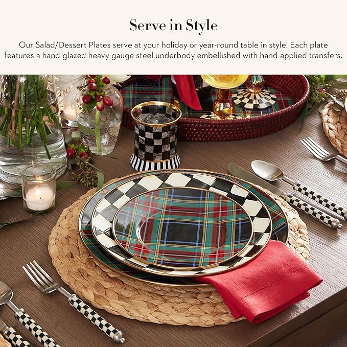 MACKENZIE-CHILDS Enamel Salad and Dessert Plate, Small Plate for a Dessert or Appetizer Dish, 8 Inches, Black Tartan