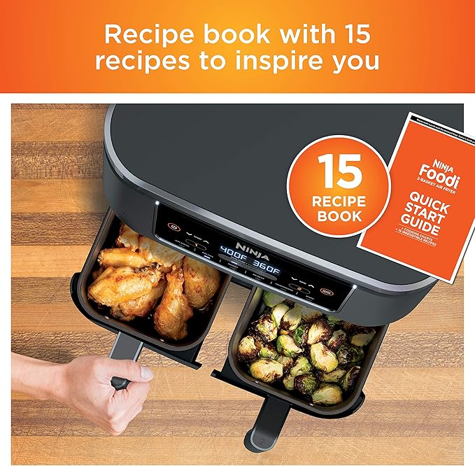 Ninja DZ201 Foodi 8 Quart 6-in-1 DualZone 2-Basket Air Fryer with 2 Independent Frying Baskets, Match Cook & Smart Finish to Roast, Broil, Dehydrate & More for Quick, Easy Meals, Grey