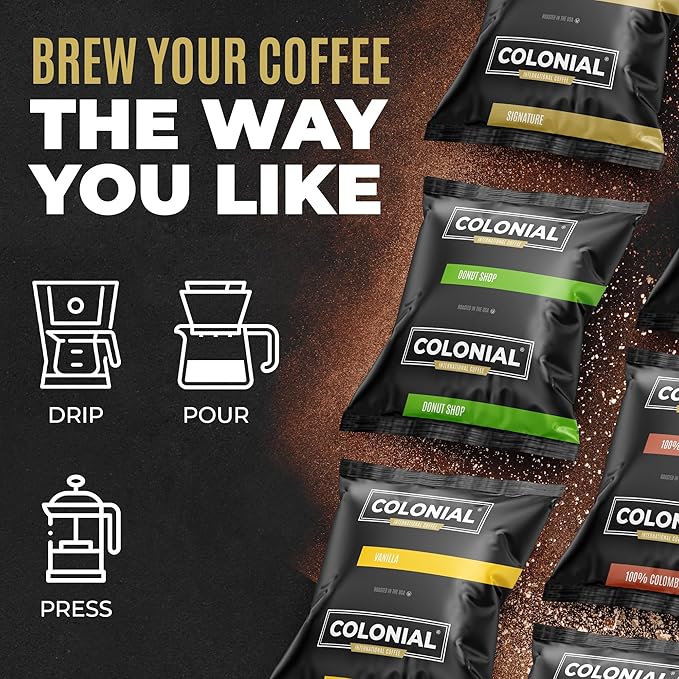 Colonial Coffee 80 Count Single Pot Coffee Packets – 100% Arabica Donut Shop Medium Roast | Pre-Measured Frac Packs for 12 Cup Maker | Bulk Ground Gourmet Coffee for Home & Office