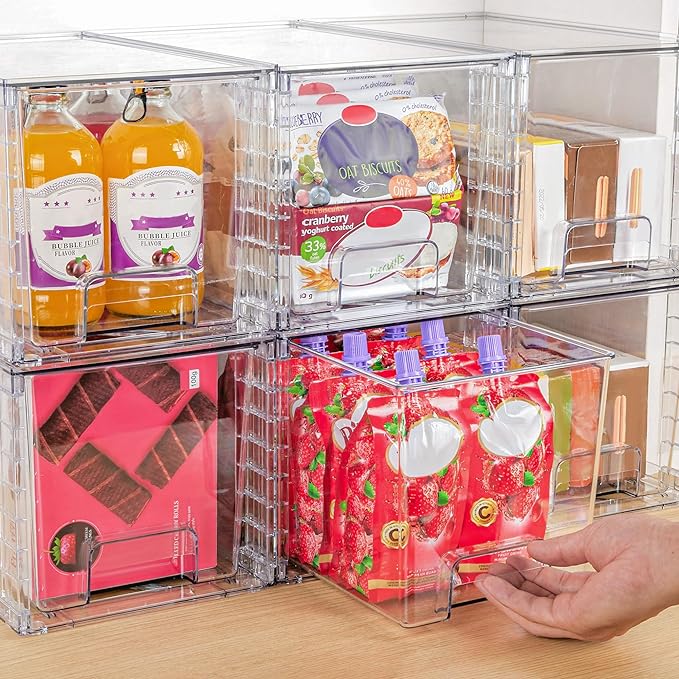 Vtopmart 4 Pack Large Stackable Storage Drawers,Easily Assemble Acrylic Bathroom Closet Undersink Organizers and Storage,Plastic Bins for Kitchen Cabinets,Pantry,Makeup,Medicine Organization