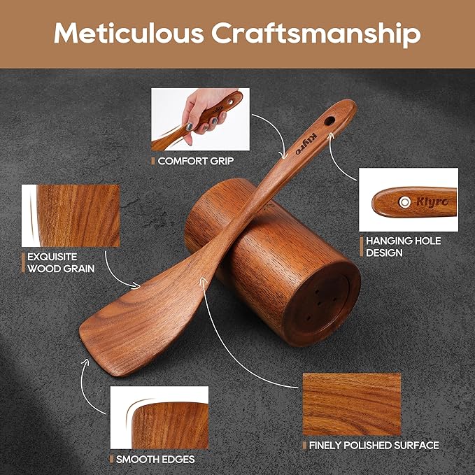 Teak Kitchen Utensils Set, 5 Piece Premium Wooden Cooking Utensils Set, Non-Stick Heat-Resistant Wooden Spoons for Cooking, New Apartment Essentials