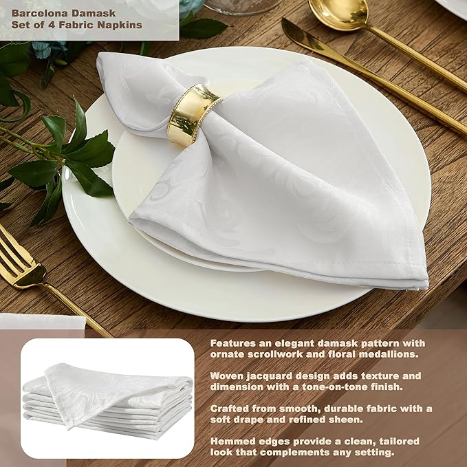 Newbridge Barcelona Luxury Damask Fabric Tablecloth, 108” Round, White, 100% Polyester, No Iron, Soil Resistant Dining Room, Party and Banquet Table Cover