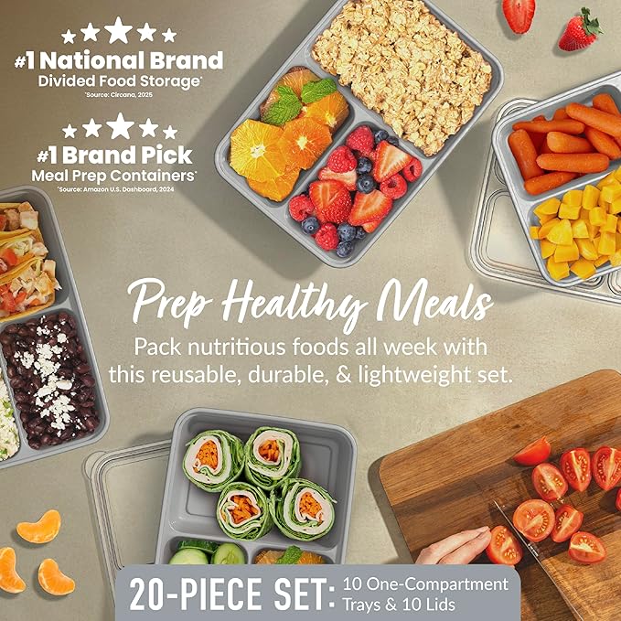 Bentgo Prep - 20-Piece 3-Compartment Reusable Meal Prep Containers with Lids, PFAS & BPA Free Materials, Durable, Microwave, Freezer, & Dishwasher Safe To Go Food Storage (Silver)