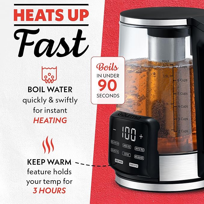 Gourmia Electric Programmable Glass Kettle – 1.7L Temperature Control Tea & Coffee Kettle with Digital Touch Display, 6 Presets, Keep Warm, Removable Stainless Steel Infuser, 360° Swivel Base – Black