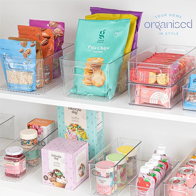 Plastic Food Storage 4 Pack Clear Container Bin with Handles for Organizing Kitchen, Pantry, Refrigerator, Freezer, Pantry, Cabinet, Closet, Bathroom. 10”x4”x5”