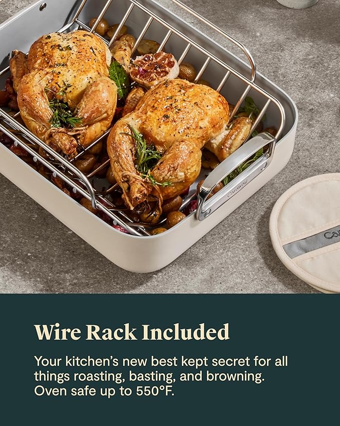 Caraway Roasting Pan - 16x13” Roasting Pan with Rack - Non-Stick Ceramic Coated - Non Toxic, PTFE & PFOA Free - Oven Safe & Compatible with All Stovetops - Cream