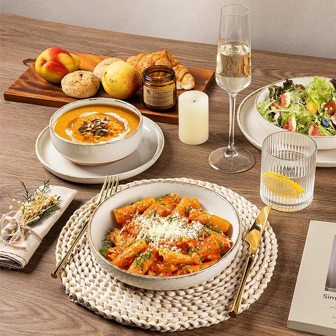 AmorArc Ceramic Dinnerware Sets with Pasta Bowls for 8, Handpainted Plates and Bowls Set with Rustic Terracotta Underside, Scratch Resistant Dishes Set, Dishwasher & Microwave Safe, 32 Pcs
