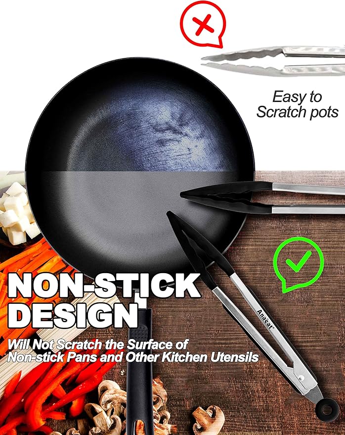 Anaeat Non-Stick Silicone Locking Tong Set of 2 - Stainless Steel 9" and 12" Kitchen Food Tongs with Non-Slip Silicone Tips and Grip for Cooking, Baking and BBQ - Heavy Duty & Heat Resistant (Black)