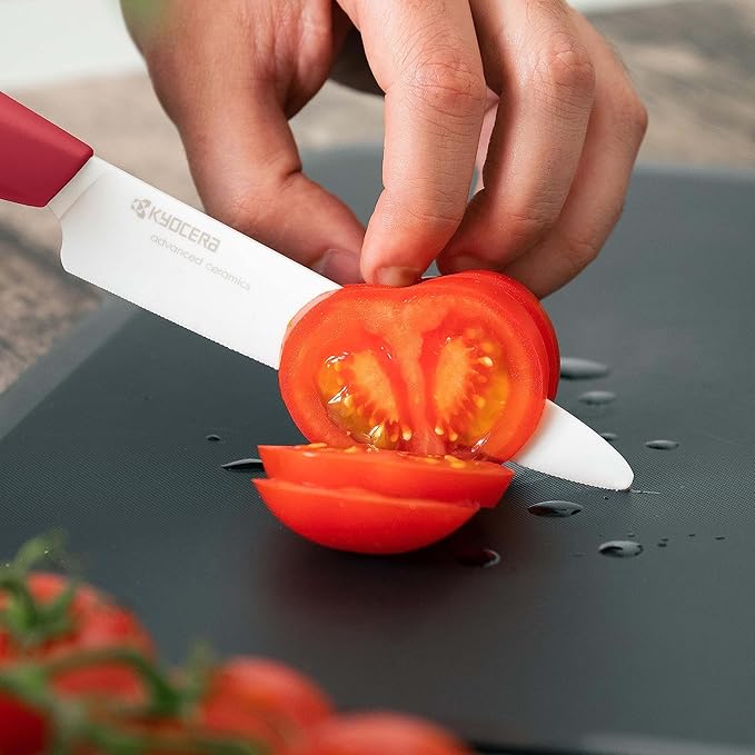 Kyocera 3-Piece Ceramic Knife Set: Includes 6-inch Chef's Knife, 5-inch Micro Serrated Knife, and 3-inch Paring Knife - Red Handles with White Blades