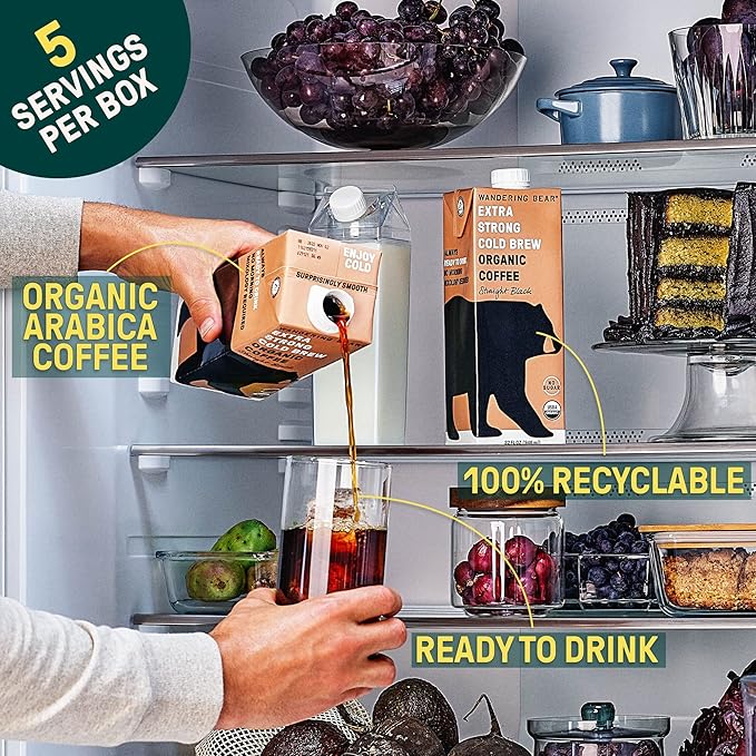 Wandering Bear Extra Strong Organic Cold Brew Coffee, Straight Black, 32 fl oz, 1 pack - Smooth, Organic, Unsweetened, Shelf-Stable, and Ready to Drink Cold Brew