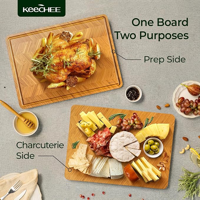 Atelier Collection Bamboo Cutting Board, Reversible Boards for Kitchen with Deep Juice Grooves and Handles, Large Wood Chopping Board for Cooking and Serving, Handcrafted Luxury Cutting Board