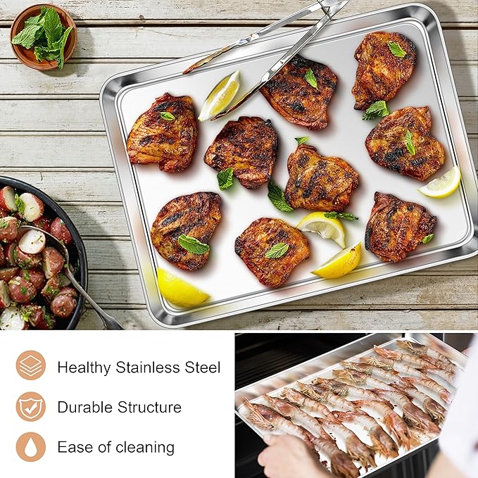 E-far Baking Sheets Set of 3, 16” x12” x 1” Stainless Steel Cookie Sheets Pans for Oven, Non-toxic Metal Trays for Baking Cake Cookie, Healthy & Rust Free, Mirror Finish & Dishwasher Safe