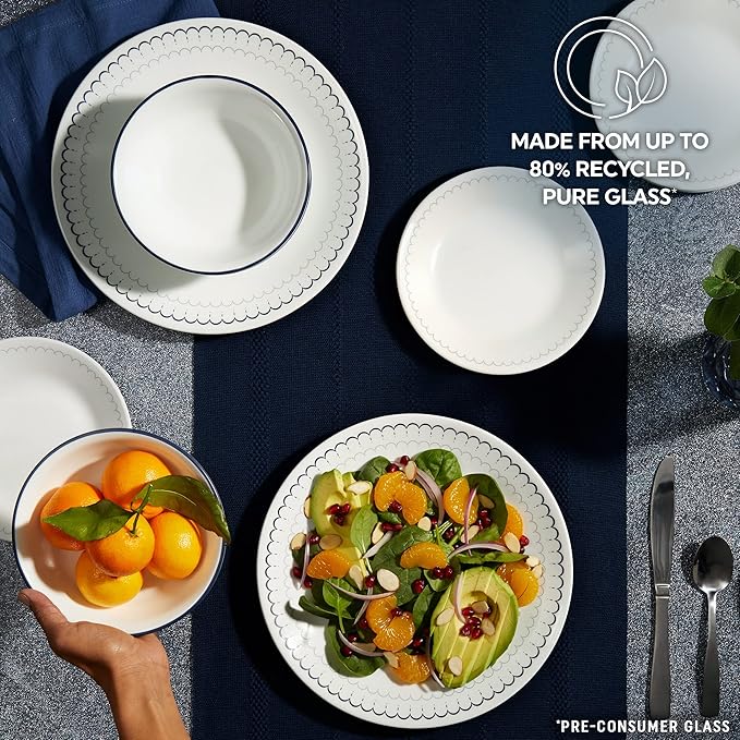 Corelle 18-Piece Dinnerware Set Service for 6, Lightweight Round Plates and Bowls Set, Vitrelle Triple Layer Glass, Chip Resistant, Microwave and Dishwasher Safe, Caspian